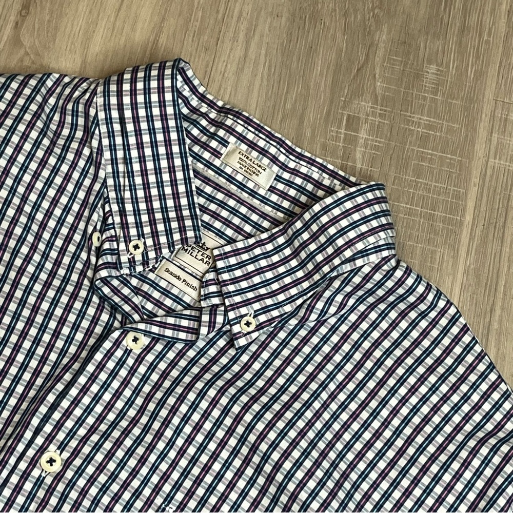 Men's‎ Peter Millar Seaside Finish Blue and White Checkered Long Sleeve Shirt XL